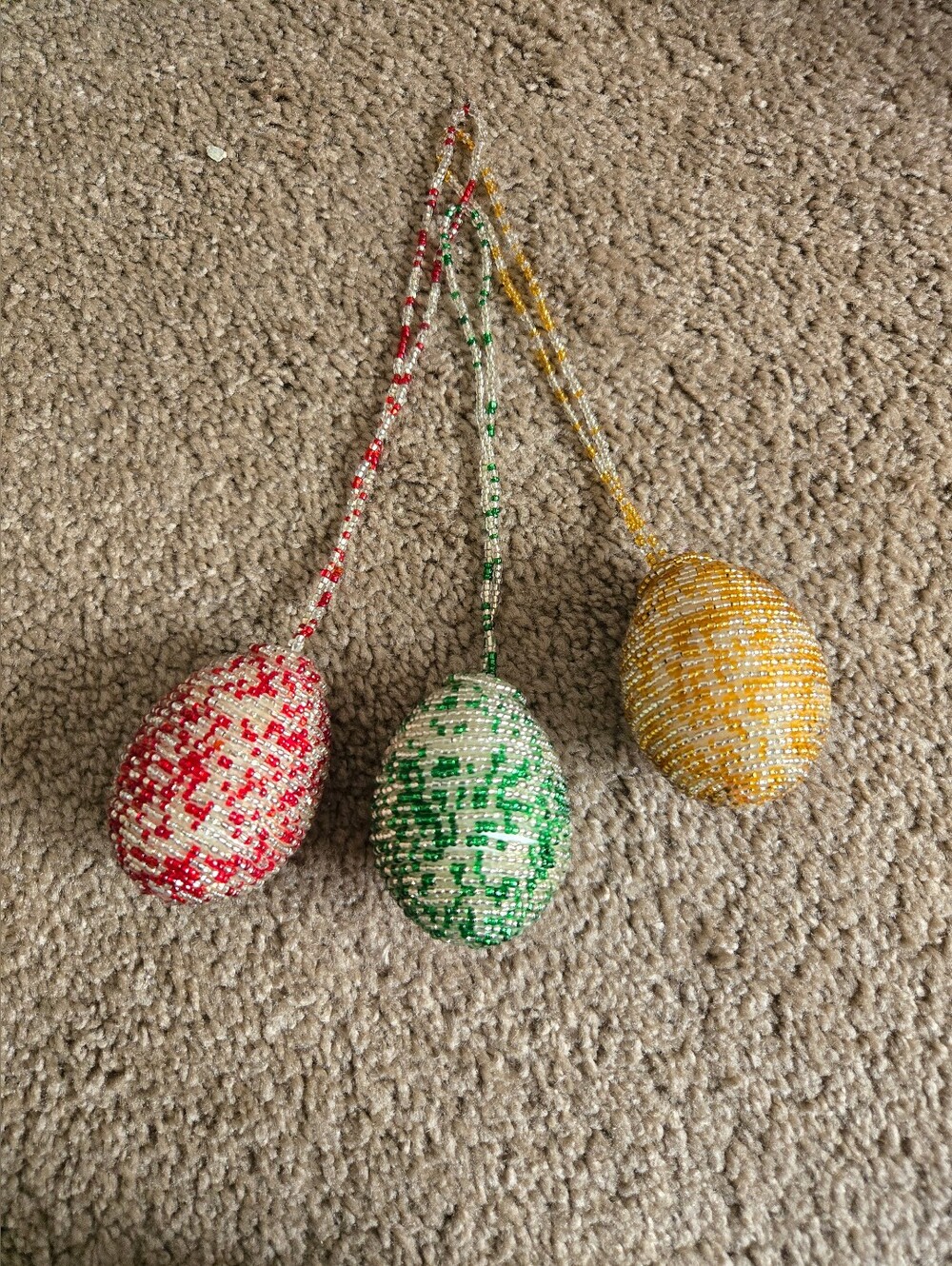 Vintage Hand Beaded Egg Ornament Trio - Red, Green, Yellow